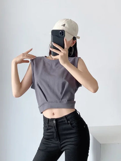 Nueva llegada primavera verano color sólido casual suelto corto cuello redondo camisetas sin mangas chaleco deportivo top plegable