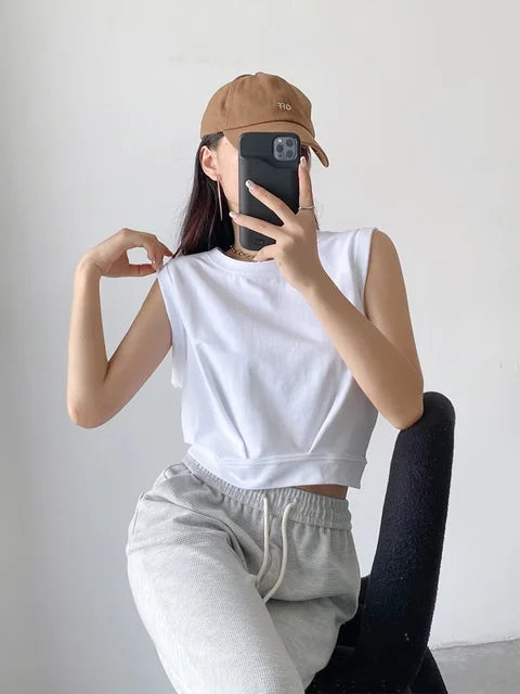 Nueva llegada primavera verano color sólido casual suelto corto cuello redondo camisetas sin mangas chaleco deportivo top plegable