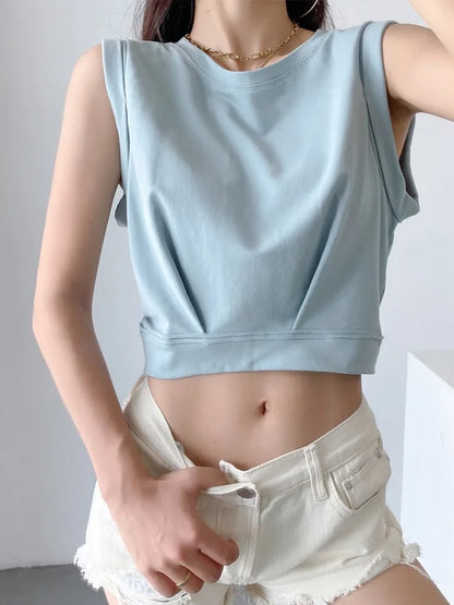 Nueva llegada primavera verano color sólido casual suelto corto cuello redondo camisetas sin mangas chaleco deportivo top plegable