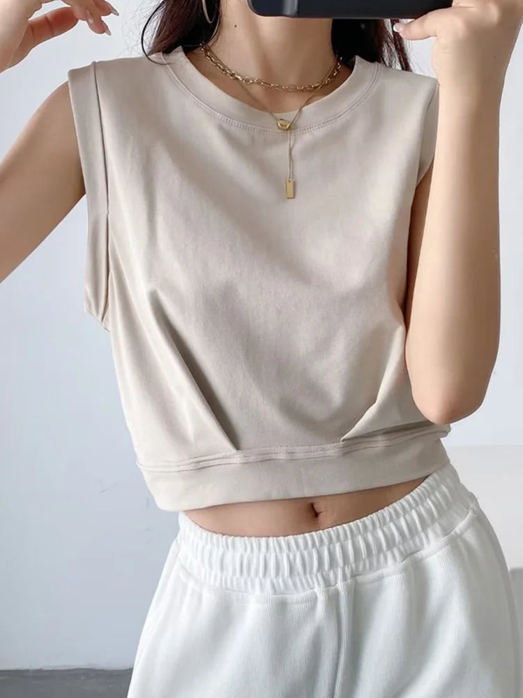 Nueva llegada primavera verano color sólido casual suelto corto cuello redondo camisetas sin mangas chaleco deportivo top plegable