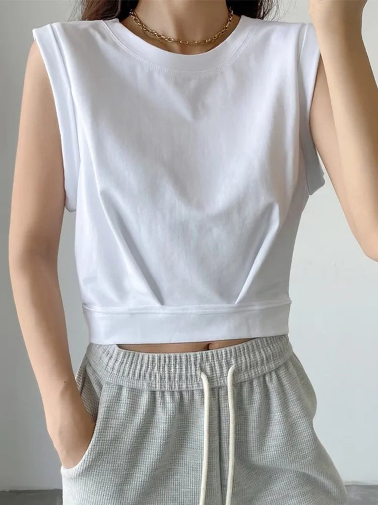 Nueva llegada primavera verano color sólido casual suelto corto cuello redondo camisetas sin mangas chaleco deportivo top plegable