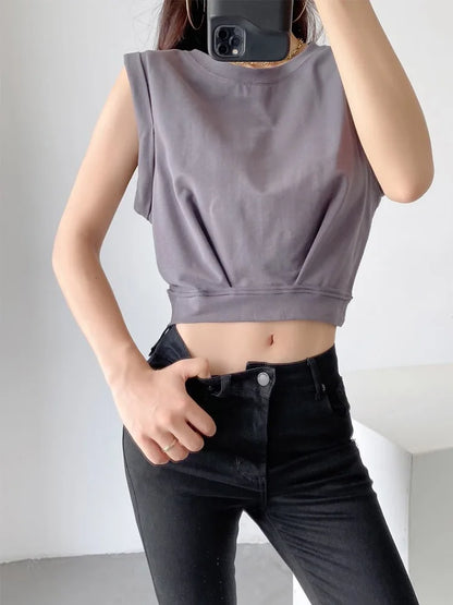 Nueva llegada primavera verano color sólido casual suelto corto cuello redondo camisetas sin mangas chaleco deportivo top plegable