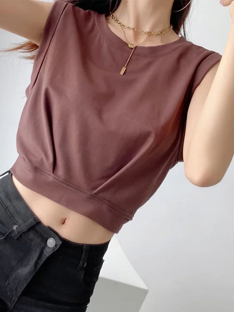Nueva llegada primavera verano color sólido casual suelto corto cuello redondo camisetas sin mangas chaleco deportivo top plegable