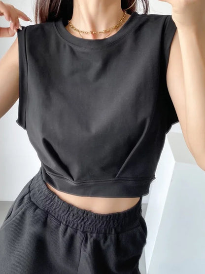 Nueva llegada primavera verano color sólido casual suelto corto cuello redondo camisetas sin mangas chaleco deportivo top plegable