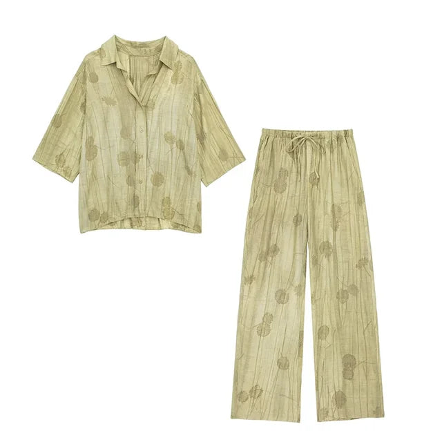 Conjunto de pantalones largos de lino con estampado tie-dye para mujer, camisas de media manga con solapa y botonadura sencilla, pantalón de pierna ancha con cordón ajustable, 2 piezas