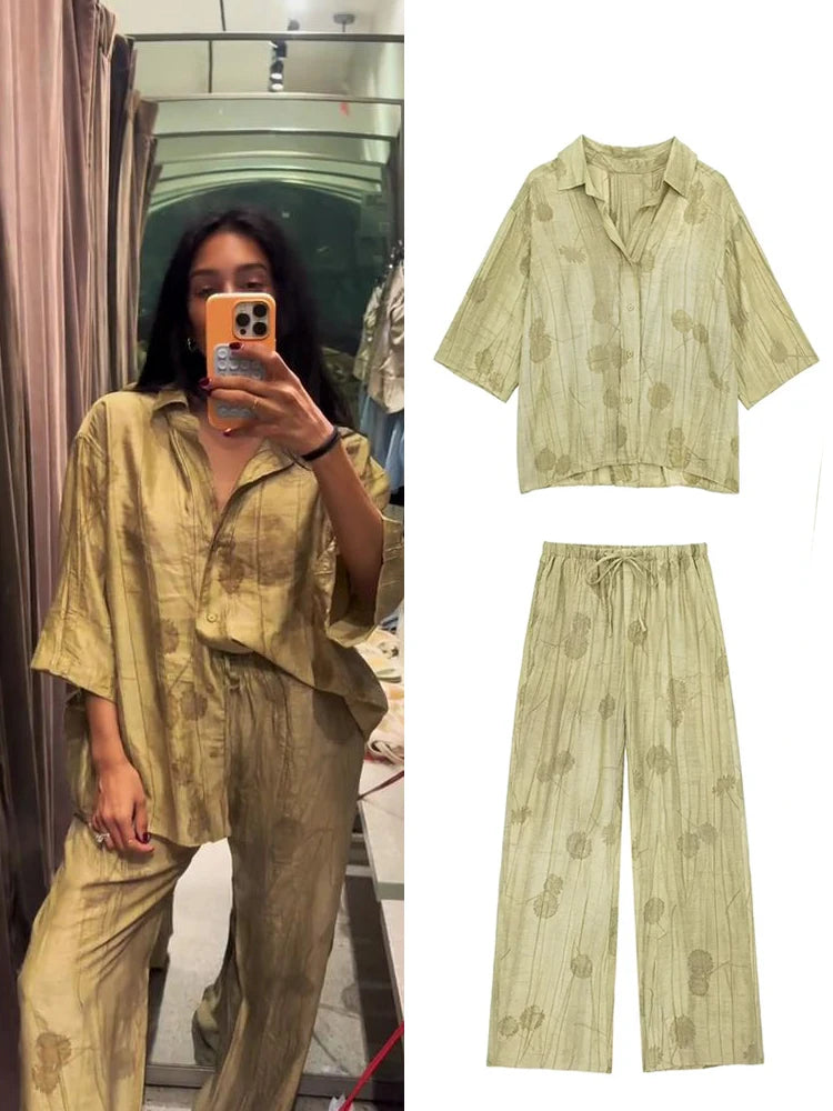 Conjunto de pantalones largos de lino con estampado tie-dye para mujer, camisas de media manga con solapa y botonadura sencilla, pantalón de pierna ancha con cordón ajustable, 2 piezas