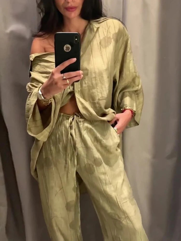 Conjunto de pantalones largos de lino con estampado tie-dye para mujer, camisas de media manga con solapa y botonadura sencilla, pantalón de pierna ancha con cordón ajustable, 2 piezas