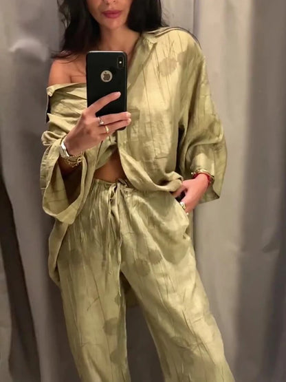 Conjunto de pantalones largos de lino con estampado tie-dye para mujer, camisas de media manga con solapa y botonadura sencilla, pantalón de pierna ancha con cordón ajustable, 2 piezas