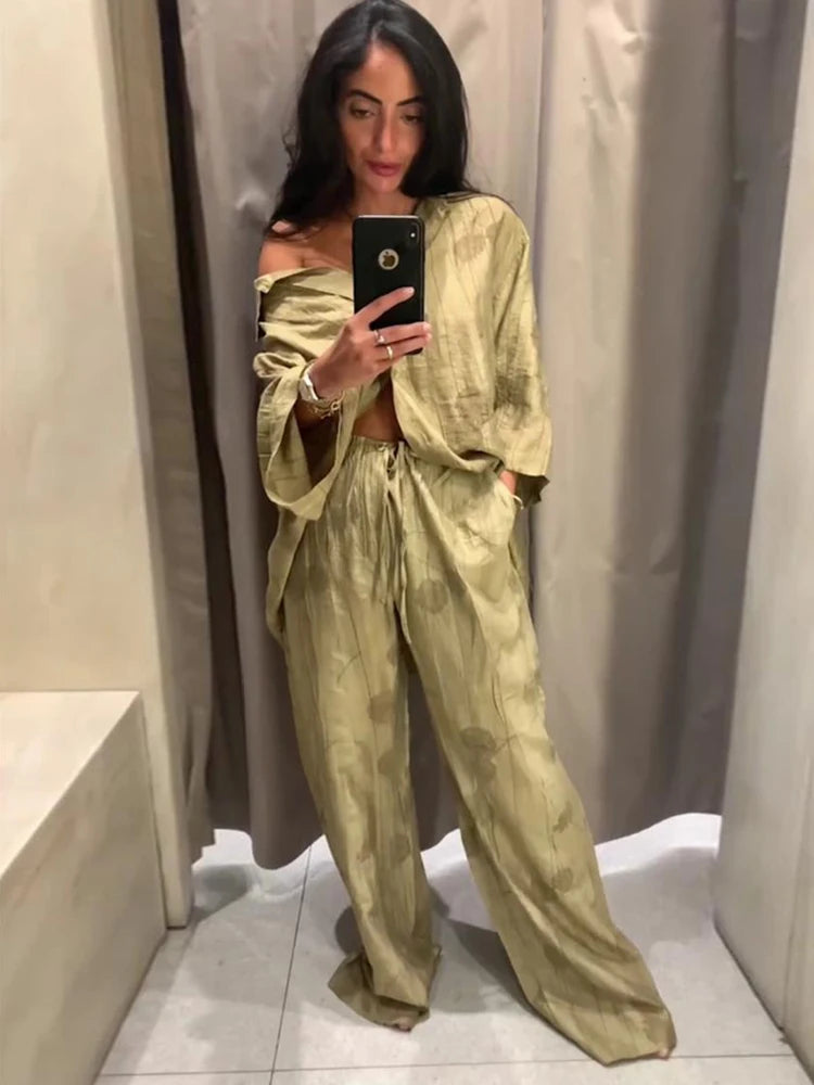 Conjunto de pantalones largos de lino con estampado tie-dye para mujer, camisas de media manga con solapa y botonadura sencilla, pantalón de pierna ancha con cordón ajustable, 2 piezas