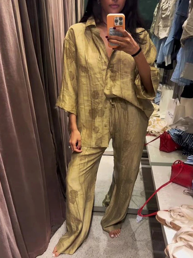 Conjunto de pantalones largos de lino con estampado tie-dye para mujer, camisas de media manga con solapa y botonadura sencilla, pantalón de pierna ancha con cordón ajustable, 2 piezas