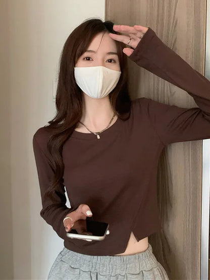 New Spring Fashion Y2K T-shirt Woman Vintage Long Sleeve Tee Shirt Femme Basic Solid Crop Top Women Solid Sexy Clothes Tshirt