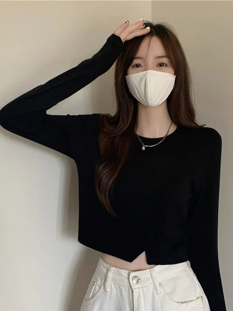 New Spring Fashion Y2K T-shirt Woman Vintage Long Sleeve Tee Shirt Femme Basic Solid Crop Top Women Solid Sexy Clothes Tshirt