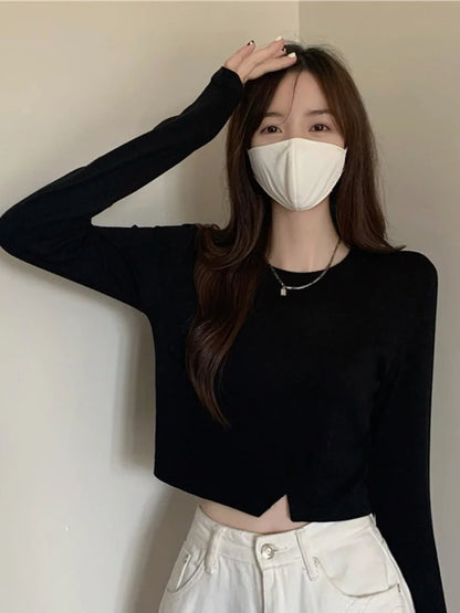 New Spring Fashion Y2K T-shirt Woman Vintage Long Sleeve Tee Shirt Femme Basic Solid Crop Top Women Solid Sexy Clothes Tshirt