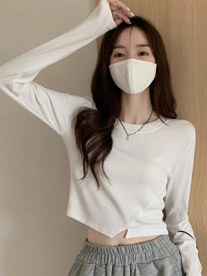New Spring Fashion Y2K T-shirt Woman Vintage Long Sleeve Tee Shirt Femme Basic Solid Crop Top Women Solid Sexy Clothes Tshirt