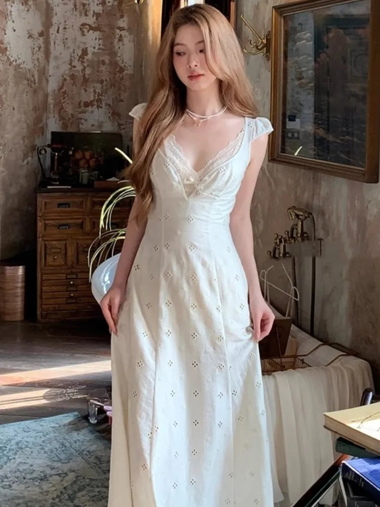 Vestido midi de verano con escote en V para mujer, estilo francés, elegante, informal, ajustado, estilo coreano, 2025
