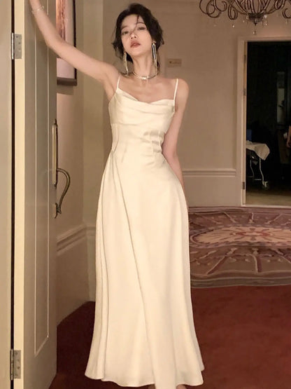 Nuevo vestido midi de satén de verano para mujer, elegante vestido de fiesta ajustado con tirantes finos, vestido de noche para boda, cumpleaños, sin espalda, vestido de graduación, ropa