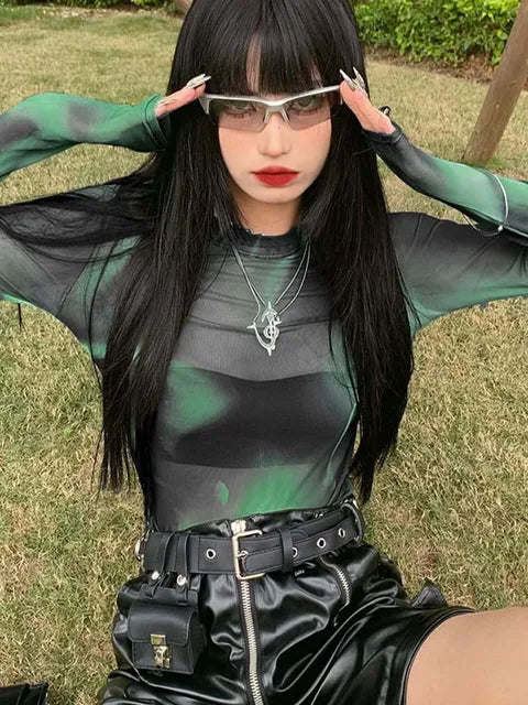 Nueva camiseta de malla teñida con lazo, dulce y fresca, para mujer, cuello redondo, corte entallado, manga larga, para mujer, estilo urbano.