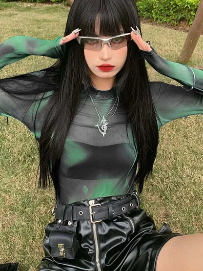 Nueva camiseta de malla teñida con lazo, dulce y fresca, para mujer, cuello redondo, corte entallado, manga larga, para mujer, estilo urbano.