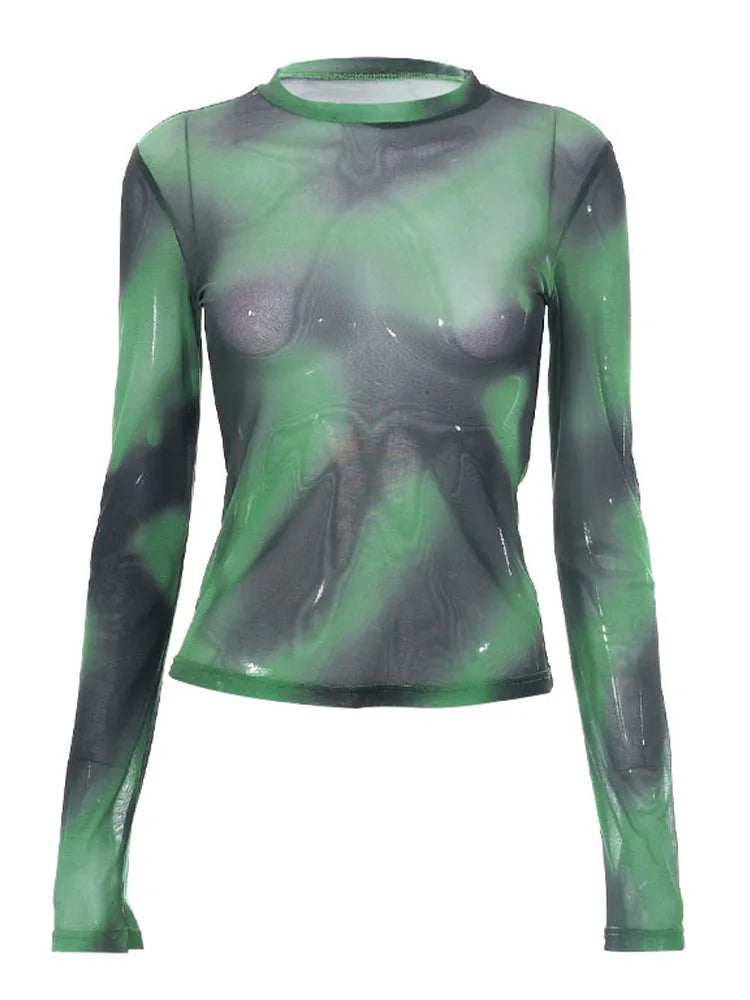 Nueva camiseta de malla teñida con lazo, dulce y fresca, para mujer, cuello redondo, corte entallado, manga larga, para mujer, estilo urbano.