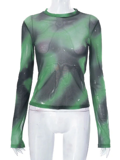 Nueva camiseta de malla teñida con lazo, dulce y fresca, para mujer, cuello redondo, corte entallado, manga larga, para mujer, estilo urbano.