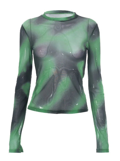 Nueva camiseta de malla teñida con lazo, dulce y fresca, para mujer, cuello redondo, corte entallado, manga larga, para mujer, estilo urbano.