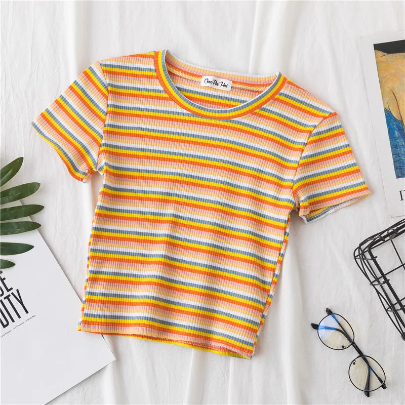 Nueva camiseta para mujer, camisetas de rayas arcoíris, camiseta ajustada, camiseta Harajuku, camiseta coreana de manga corta de verano, ropa femenina, tops