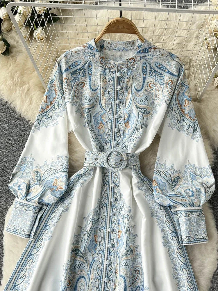 Nuevo vestido de fiesta vintage para mujer, moda de manga larga, botonadura sencilla, cuello alto, elegante, estampado, vestidos largos, primavera y otoño.