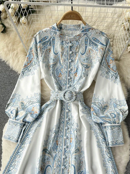 Nuevo vestido de fiesta vintage para mujer, moda de manga larga, botonadura sencilla, cuello alto, elegante, estampado, vestidos largos, primavera y otoño.