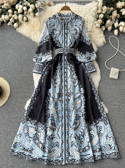 Nuevo vestido de fiesta vintage para mujer, moda de manga larga, botonadura sencilla, cuello alto, elegante, estampado, vestidos largos, primavera y otoño.