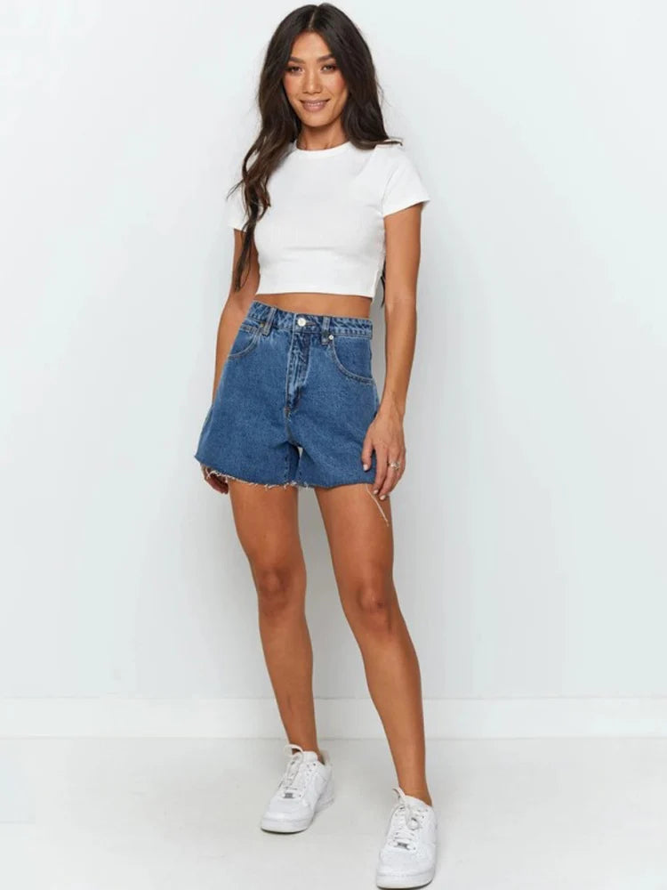 Top corto blanco de punto con cuello redondo para mujer, camiseta informal de verano, ropa de calle básica sexy, top negro de manga corta con ribetes