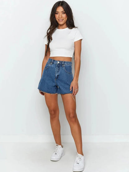 Top corto blanco de punto con cuello redondo para mujer, camiseta informal de verano, ropa de calle básica sexy, top negro de manga corta con ribetes