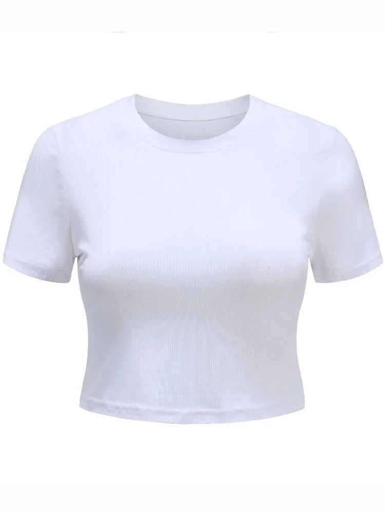 Top corto blanco de punto con cuello redondo para mujer, camiseta informal de verano, ropa de calle básica sexy, top negro de manga corta con ribetes