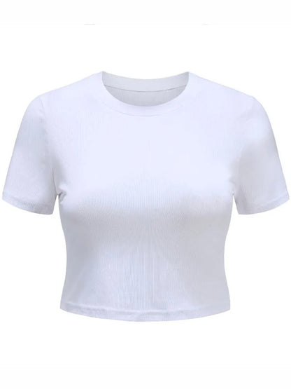 Top corto blanco de punto con cuello redondo para mujer, camiseta informal de verano, ropa de calle básica sexy, top negro de manga corta con ribetes