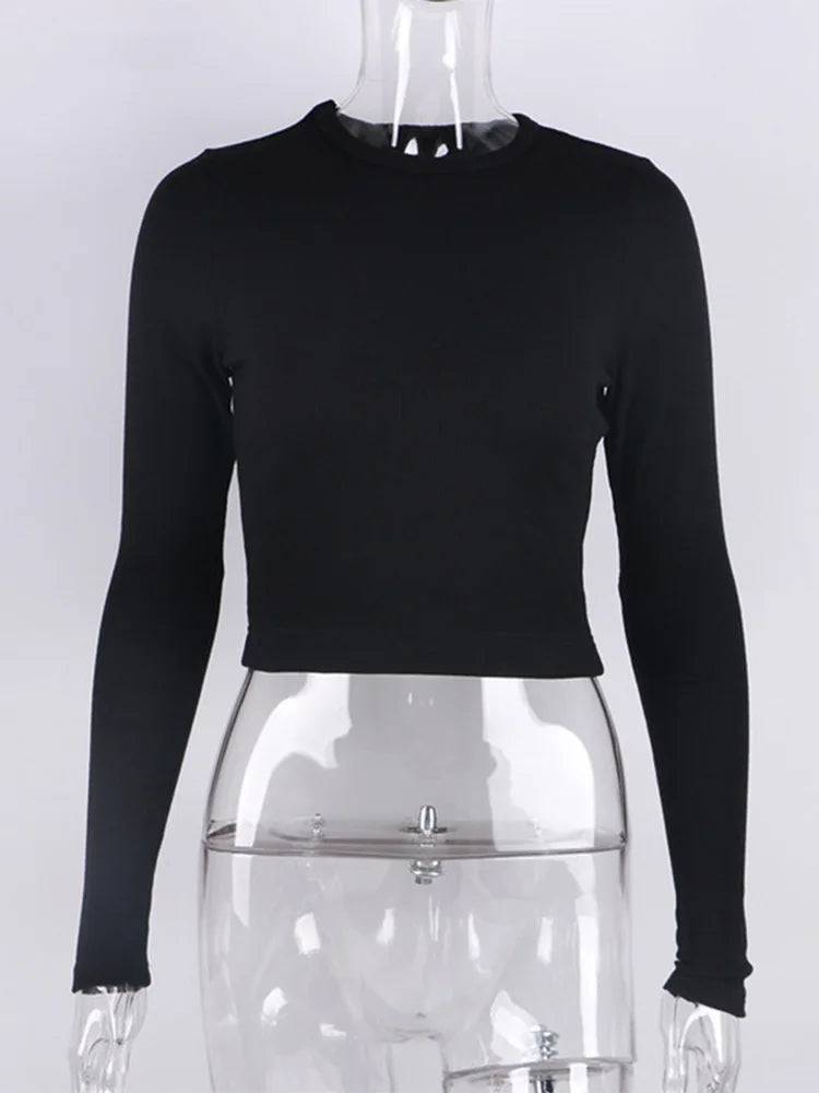 Camisa de manga larga con cuello redondo para mujer, top corto acanalado sexy, camisetas básicas ajustadas informales negras para primavera 2025 para mujer, camisetas blancas
