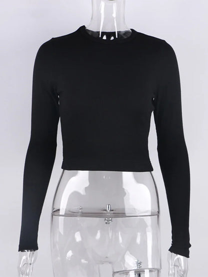 Camisa de manga larga con cuello redondo para mujer, top corto acanalado sexy, camisetas básicas ajustadas informales negras para primavera 2025 para mujer, camisetas blancas