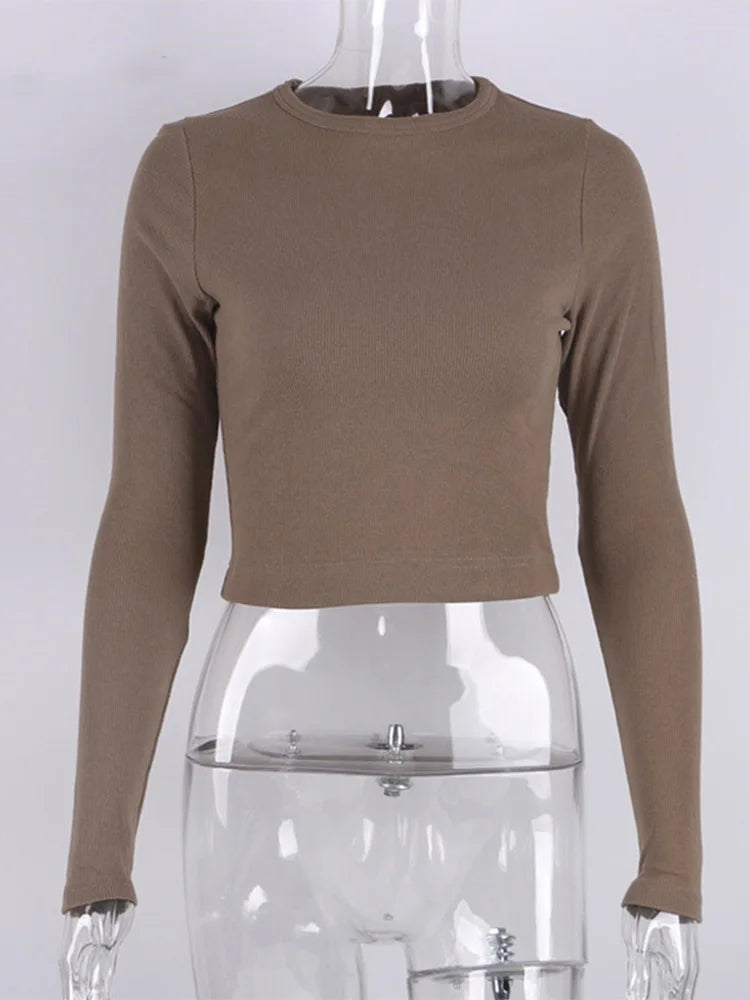Camisa de manga larga con cuello redondo para mujer, top corto acanalado sexy, camisetas básicas ajustadas informales negras para primavera 2025 para mujer, camisetas blancas