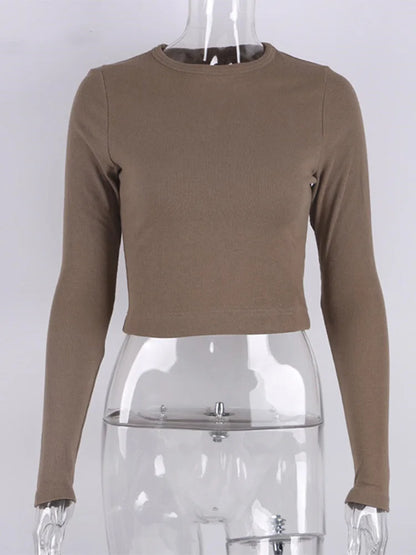 Camisa de manga larga con cuello redondo para mujer, top corto acanalado sexy, camisetas básicas ajustadas informales negras para primavera 2025 para mujer, camisetas blancas
