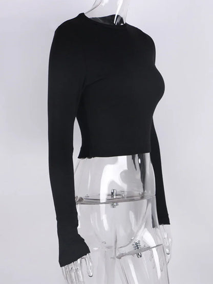 Camisa de manga larga con cuello redondo para mujer, top corto acanalado sexy, camisetas básicas ajustadas informales negras para primavera 2025 para mujer, camisetas blancas