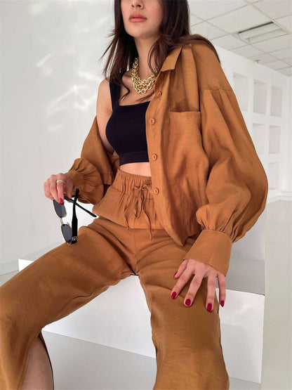 Conjunto informal de dos piezas para mujer, con cuello tipo polo, camisa y pantalones anchos con abertura en la parte superior, para primavera y verano