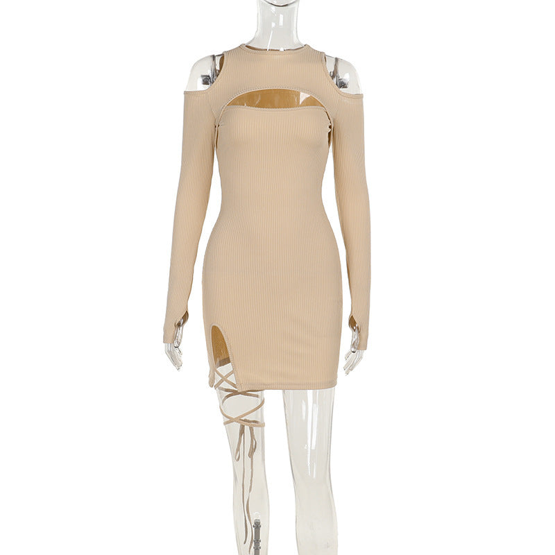 Vestido de otoño sexy ajustado a la cadera con cordones y aberturas para mujer