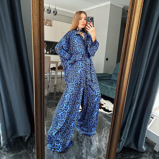 Traje de primavera para mujer, traje holgado de dos piezas con estampado de leopardo y manga larga