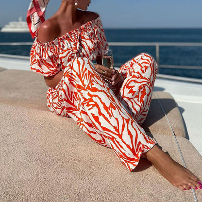 Spring Summer Women Wear off Shoulder Short Sleeved Top Bottom Printing Two Piece Set