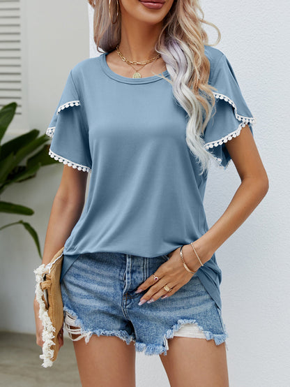 Camiseta informal de verano con cuello redondo y mangas tulipán con borlas para mujer