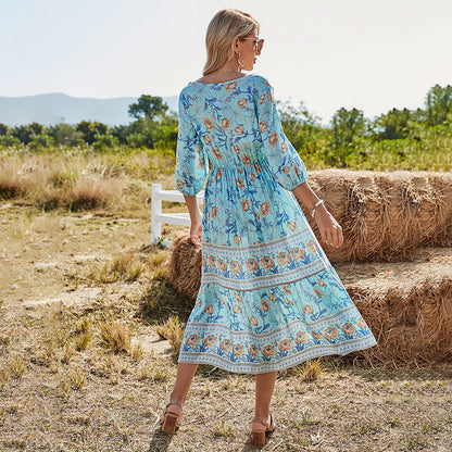 Vestido bohemio de cintura alta con escote en V y largo medio de corte A