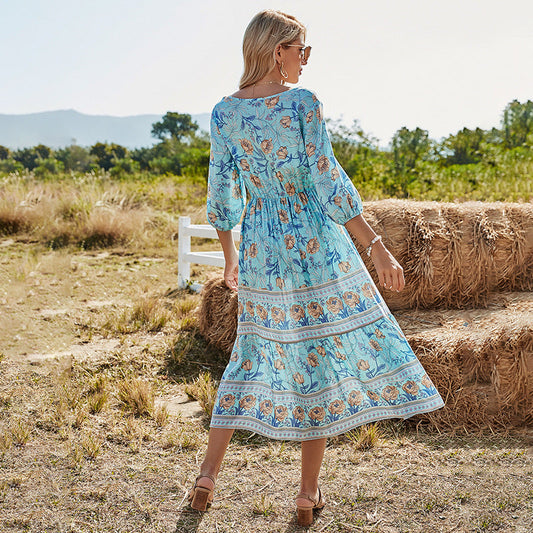 V-neck High Waist Bohemian Dress Mid-Length A- line Dress