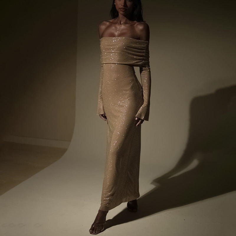 Vestido largo de otoño con cuello halter, elegante y a la moda, con estampado de cuadros y cintura ajustada para mujer
