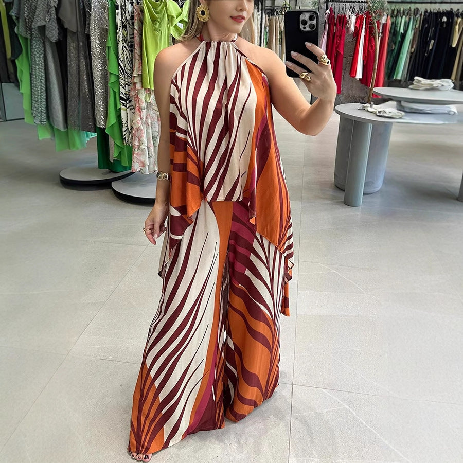 Conjunto de dos piezas de top y pantalones anchos de manga larga con estampado de posicionamiento de verano para mujer
