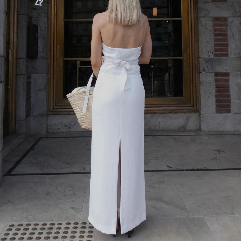 Ropa de otoño para mujer, traje sexy de dos piezas con escote en V, top con tirantes y falda con abertura en la cintura baja