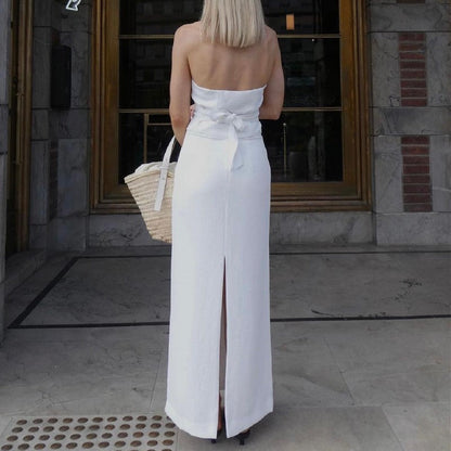 Ropa de otoño para mujer, traje sexy de dos piezas con escote en V, top con tirantes y falda con abertura en la cintura baja