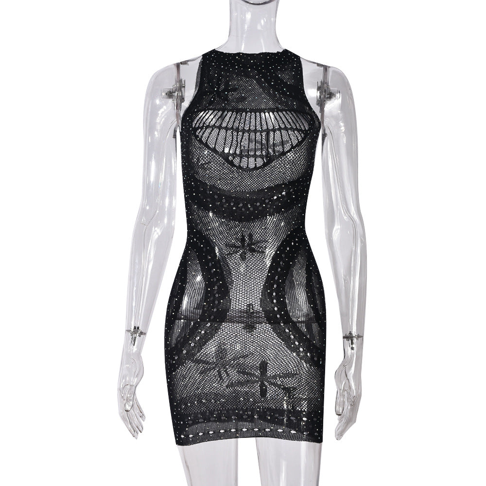 Vestido de verano sin mangas con aberturas y diamantes de imitación para mujer